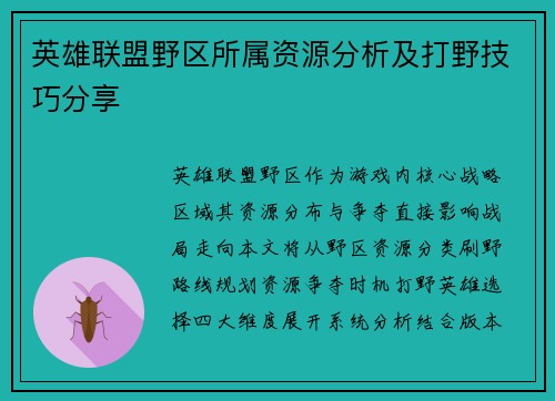 英雄联盟野区所属资源分析及打野技巧分享