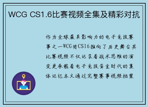 WCG CS1.6比赛视频全集及精彩对抗
