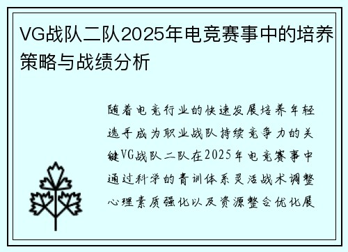 VG战队二队2025年电竞赛事中的培养策略与战绩分析
